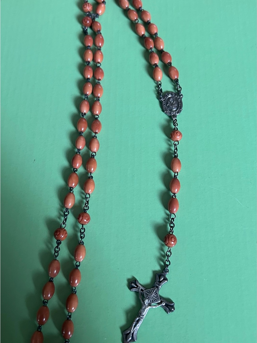 Vintage Rosary Necklace brown Beads and Silver Cross